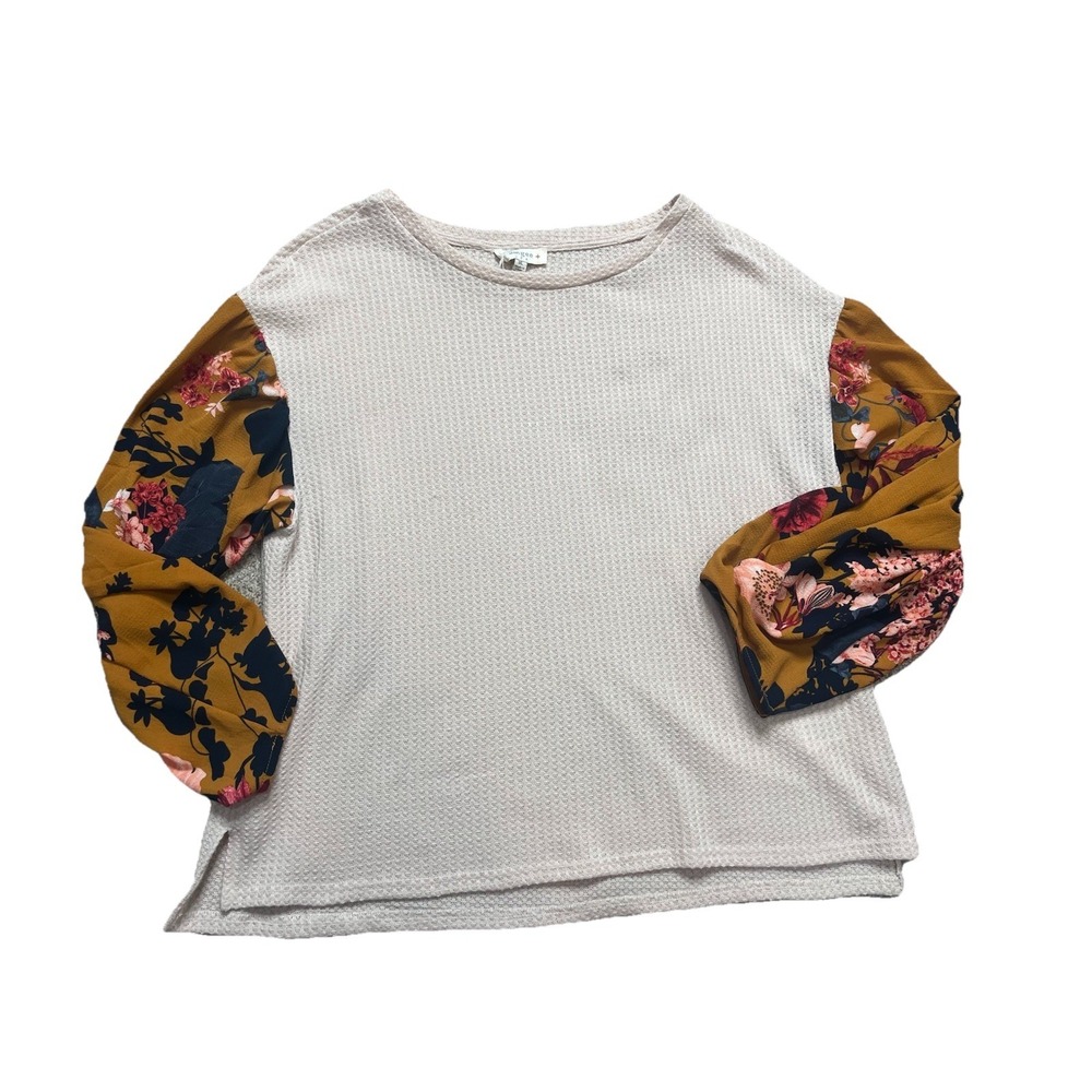 Umgee Waffle‎ Knit Top Floral Sleeve Blouse Sz 1X Brown Cream Business